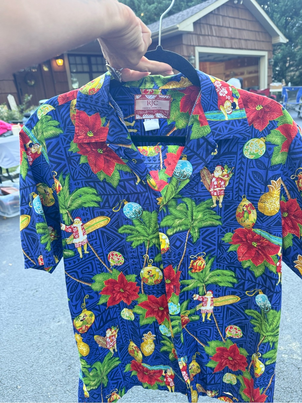 Men's Blue Tropical Hawaiian Christmas Shirt with Red Floral Print